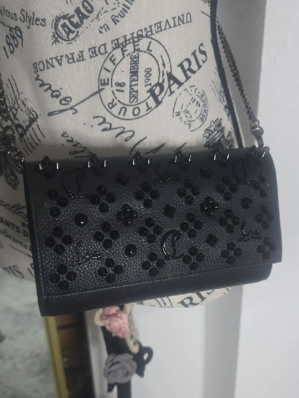 Christian Louboutin Palmona Black On Black W Gunmetal Chain/Red Interior(GOOD)🖤 - Picture 4 of 16